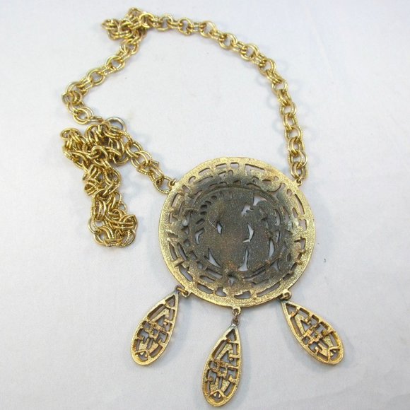 Vintage Signed Tortolani Gold Plated Mayan Design Pendant Necklace - Picture 5 of 12